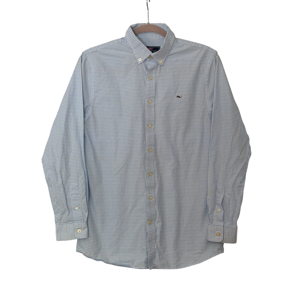 Vineyard Vines Boys' Youth XL (18) Blue White Check Whale Shirt | SKU 1061